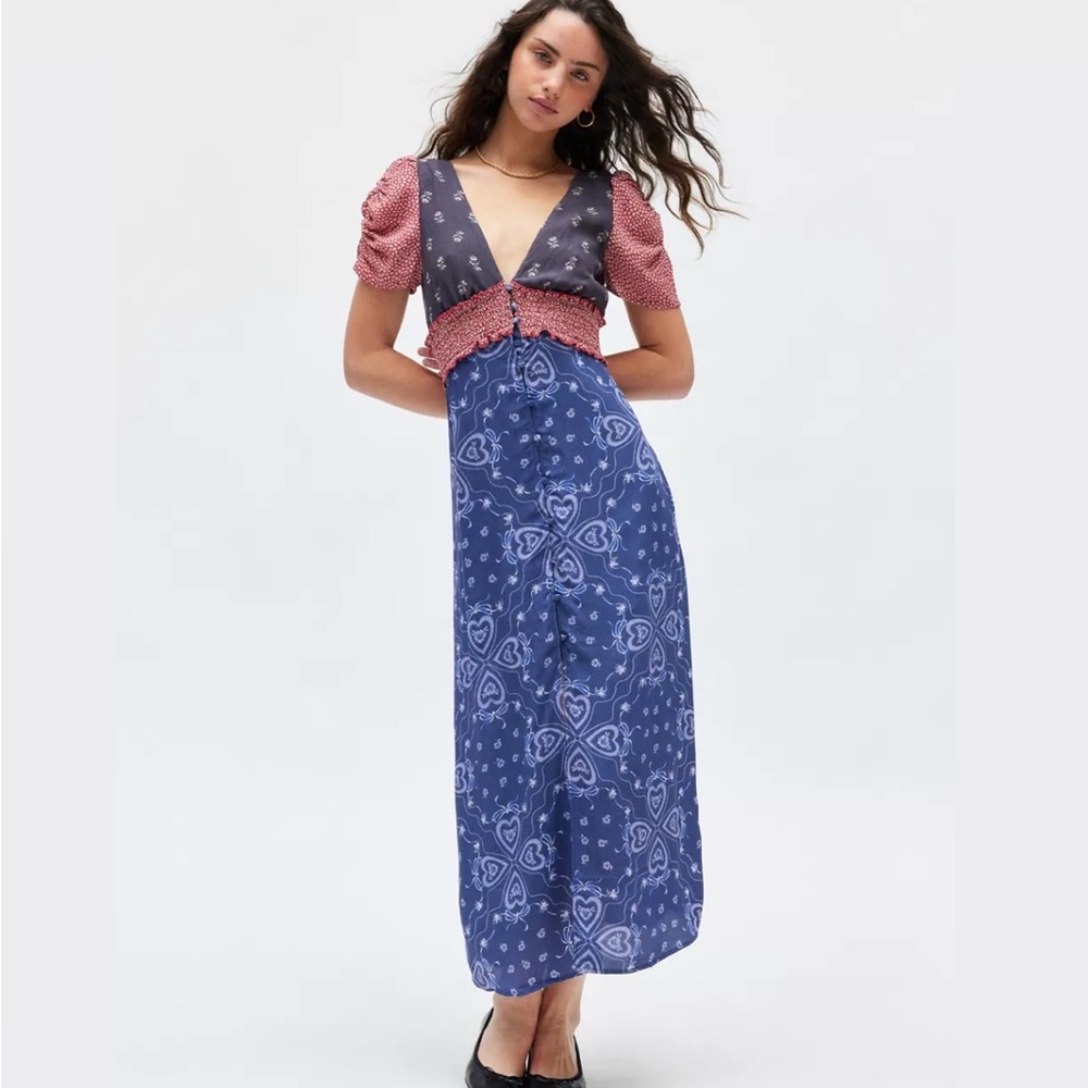 Kimchi Blue Blue & Red Patchwork Midi Dress